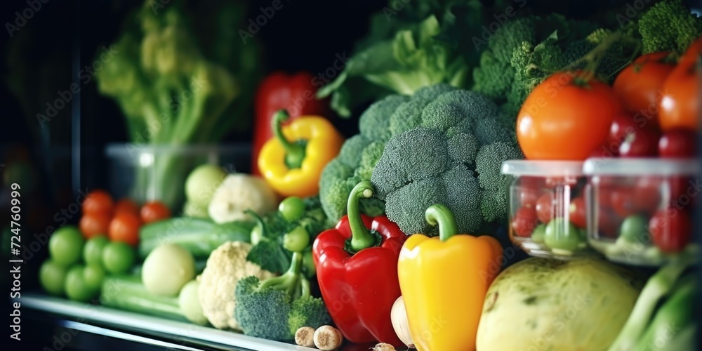 Poster A variety of fresh vegetables are neatly arranged on a shelf. Perfect for food-related projects and healthy eating concepts