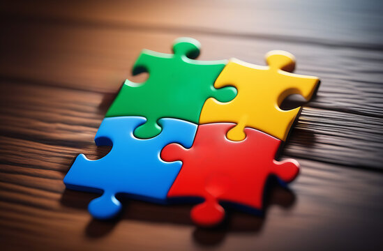 World Autism Awareness Day concept. Color puzzle, symbol of autism spectrum disorder on wooden background