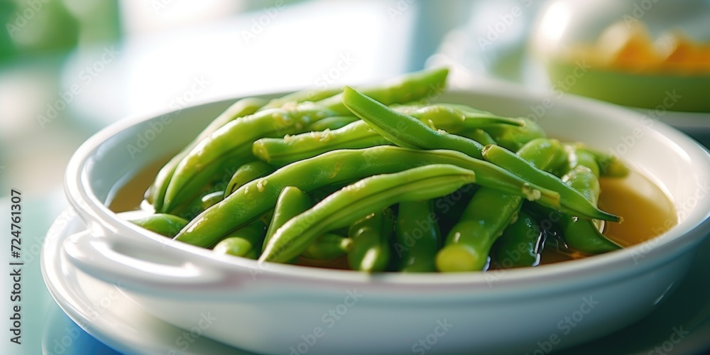 Poster a simple yet vibrant image of a white bowl filled with fresh green beans placed on top of a table. p