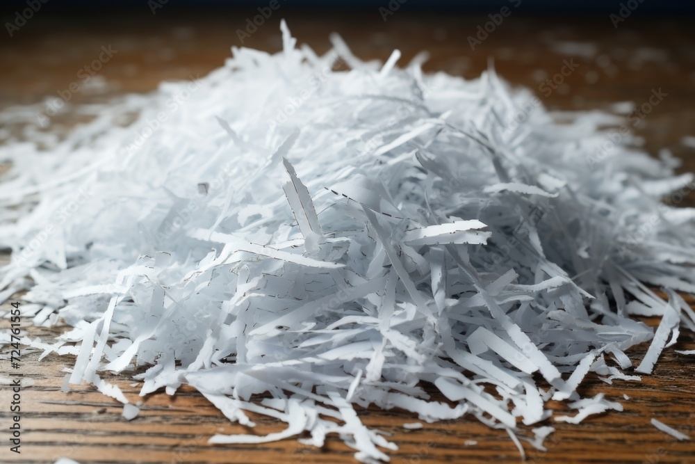 Poster shredded paper piled on a rustic wooden table. perfect for office or recycling concepts