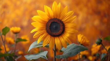  a close up of a sunflower in a field with other flowers in the foreground and a wall in the background with a brown and yellow tint background.