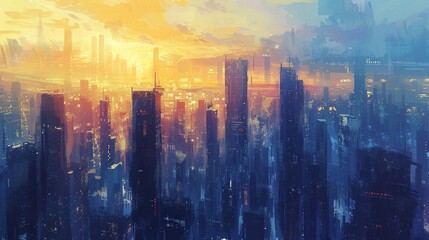 Create an abstract cityscape during sunrise, emphasizing the emotional experience of being surrounded by towering buildings. Expressionism - obrazy, fototapety, plakaty