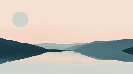Create an abstract representation of a calm ocean with simple shapes and a muted color palette. Minimalist Art