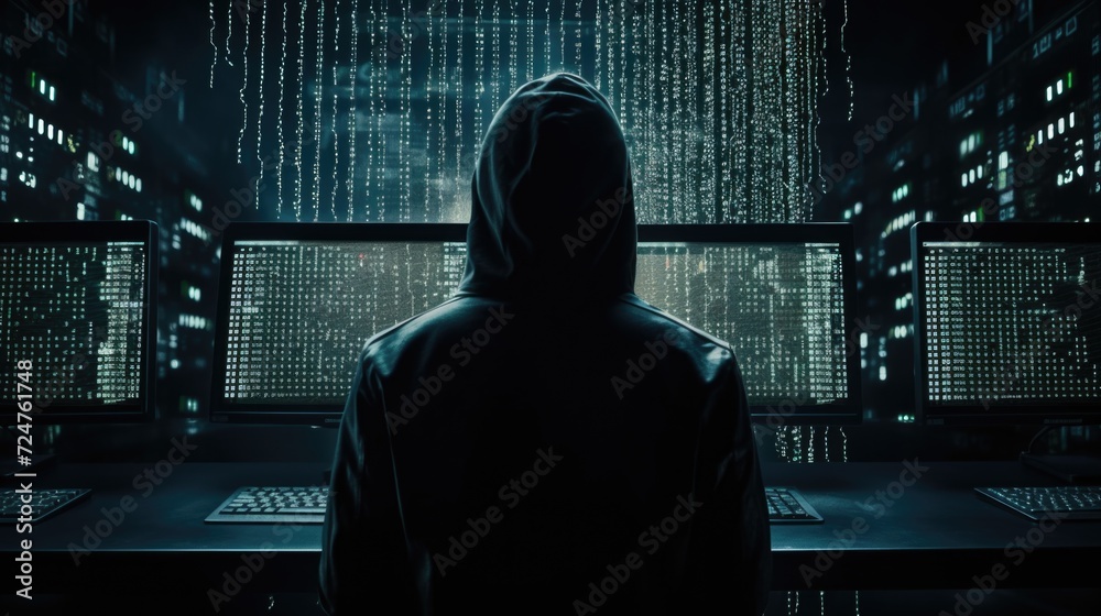 Poster A person standing in front of a computer screen. Suitable for technology or office related themes