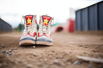 highheeled glossy clown shoes on circus ring dirt