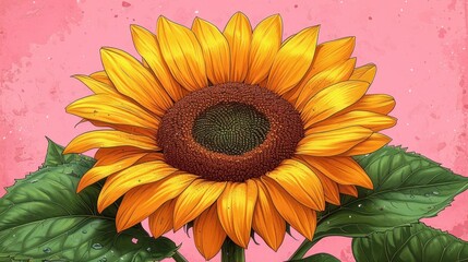  a painting of a yellow sunflower with green leaves on a pink background with a green center piece in the middle of the center of the center of the picture.