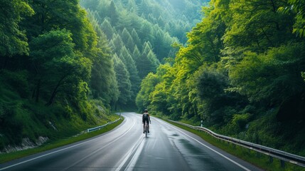 Cyclist riding on the road surrounded by forest and trees