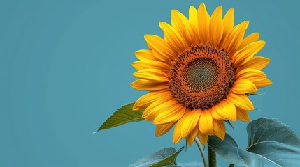  a large sunflower on a blue background with a green leafy plant in the foreground and a blue sky in the background with a few clouds in the foreground.