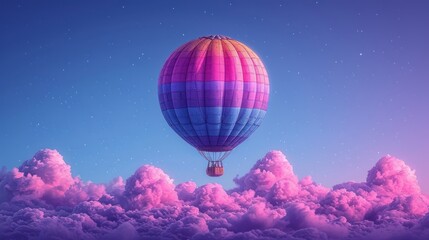 Fototapeta na wymiar a hot air balloon flying in the sky above a cloud filled with pink and blue clouds with a star filled sky and stars in the middle of the sky above.