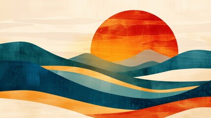 Depict a simple representation of a sunrise using bold lines and a limited color palette. Minimalist Art