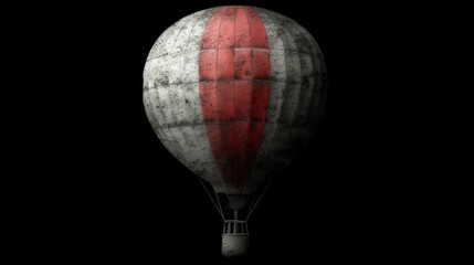  a red and white hot air balloon flying in the air with a black background and a red stripe on the bottom of the balloon, and a black bottom of the balloon.