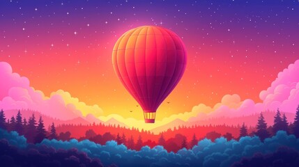  an illustration of a hot air balloon flying in the sky over a forest at night with stars in the sky and a pink and purple hued sky with clouds.
