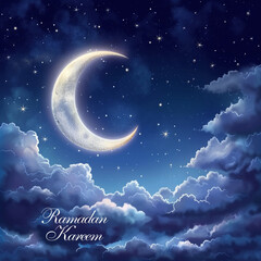 Obraz na płótnie Canvas Crescent moon and beautiful night sky ramadan holiday with Ramadan Kareem text poster, ai technology