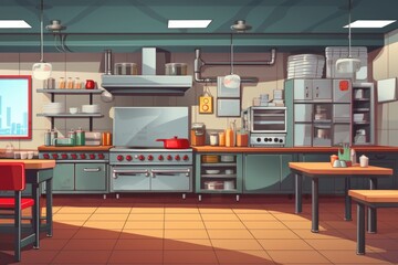 A colorful cartoon kitchen featuring a stove, oven, table, and chairs. Perfect for illustrating cooking, family meals, and homey environments