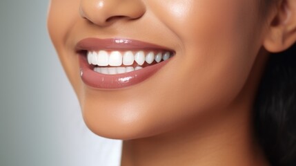 A close-up of a woman's smile with a toothbrush in her mouth. Perfect for dental hygiene and oral care concepts
