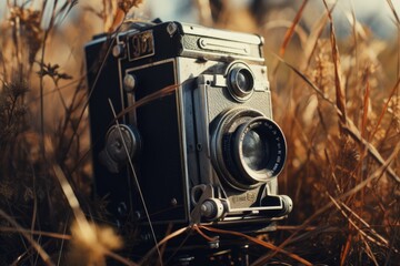 An old camera sitting in the middle of a field. Perfect for photography enthusiasts or nostalgic themes