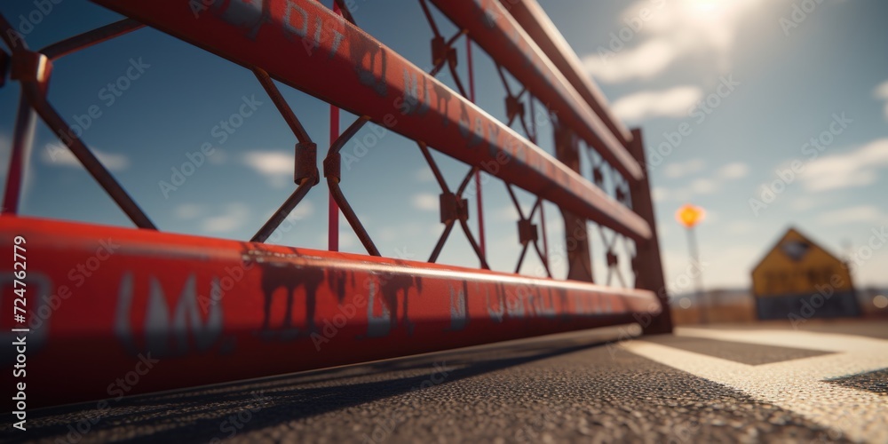 Aufkleber A close-up view of a vibrant red bridge with a building in the background. This image can be used to represent architectural structures and urban landscapes