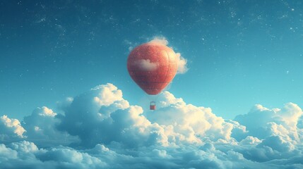  a red hot air balloon floating in the sky above a cloud filled with stars and a blue sky with white clouds and stars above it is a bright blue sky with stars. - obrazy, fototapety, plakaty