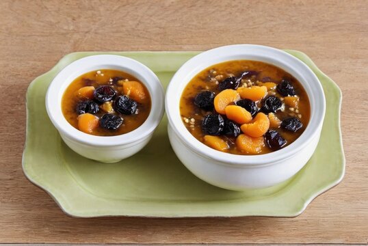 Anoush Abour (Sweet Soup) A dessert soup made with dried fruits like apricots, raisins, and prunes, cooked by ai generated