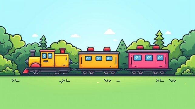  a yellow and pink train traveling through a lush green forest next to a forest filled with lots of green trees and a blue sky above it is a yellow train with red caboo.