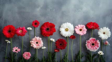  a group of red, white, and pink flowers on a gray background with green stems and stems in the middle of the row of the row of the flowers.
