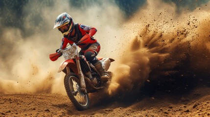 Extreme motocross rider riding on dirt the track, jumping dirty bump in desert - obrazy, fototapety, plakaty