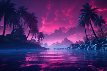 Fototapeta na wymiar A beautiful tropical island with palm trees against a stunning pink sky. Perfect for travel or vacation themes
