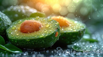  a close up of an avocado with drops of water on it and a green leaf on the other side of the avocado, on a wet surface.