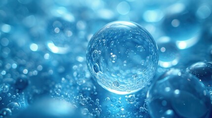  a close up of a glass ball on a blue surface with water droplets on the bottom of the glass and the bottom of the glass ball on the bottom of the glass.