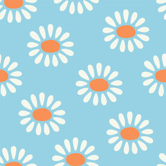 Seamless pattern with white flowers and blue background