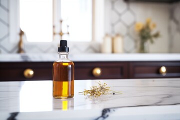a dark amber bottle of chamomile oil on a marble countertop