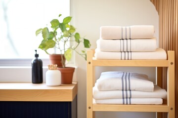organic cotton towels stacked on a simple shelf