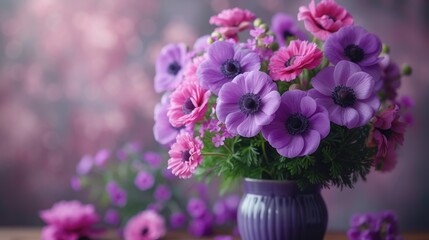  a purple vase filled with purple flowers on top of a wooden table in front of a pink and purple wall with a blurry background of pink and white flowers.