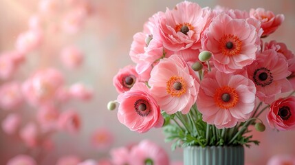  a vase filled with lots of pink flowers on top of a table next to another vase filled with pink flowers on top of a table next to a wall of pink flowers.
