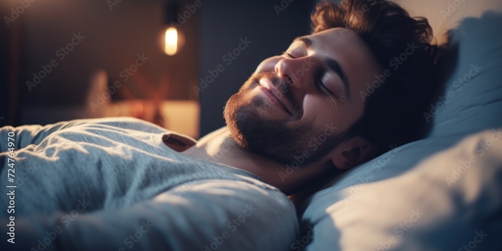 Canvas Prints A man laying in bed with his eyes closed. Suitable for sleep-related topics