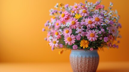  a blue vase filled with lots of pink and yellow flowers on top of a yellow table next to an orange wall with a yellow wall behind the vase is holding a bunch of pink and yellow daisies.