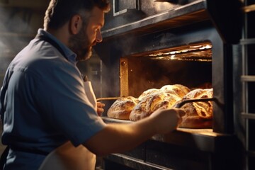 A man is pictured taking a loaf of bread out of an oven. This image can be used to showcase the process of baking bread or for illustrating homemade baking - obrazy, fototapety, plakaty