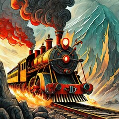 illustration of a train riding to Hell