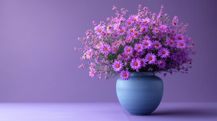  a blue vase filled with purple flowers on top of a purple table next to a purple wall and a purple wall behind the vase is a blue vase with purple flowers.