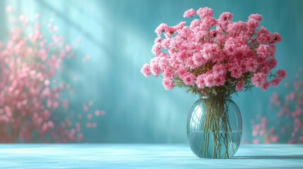  a vase filled with pink flowers sitting on top of a blue table next to a wall of pink flowers behind a glass vase with water in the middle of the vase.