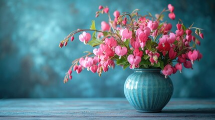  a blue vase filled with pink flowers on top of a wooden table in front of a blue and teal textured...