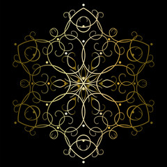 Golden mandala with six beams on black background. Spectacular, sophisticated pattern of curved lines. Decorative lace pattern vector illustration. Floral Indian ornaments for print. 