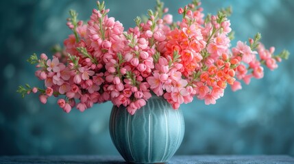  a blue vase filled with pink flowers on top of a wooden table next to a teal blue wall and a blue wall behind the vase is filled with pink flowers.