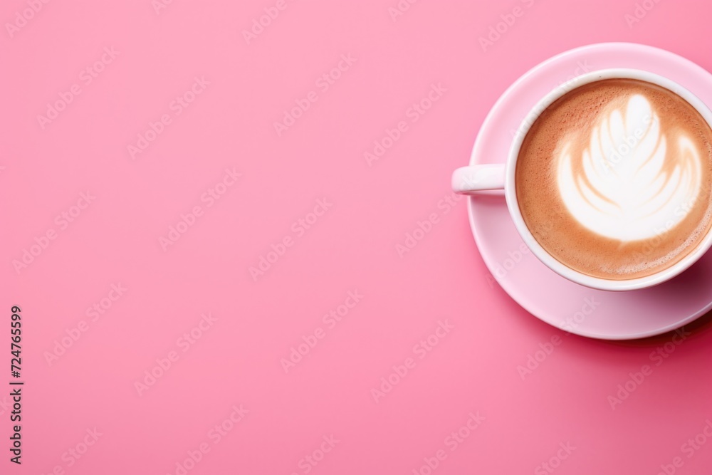 Poster a cup of coffee on a saucer placed on a pink surface. suitable for various coffee-related themes and