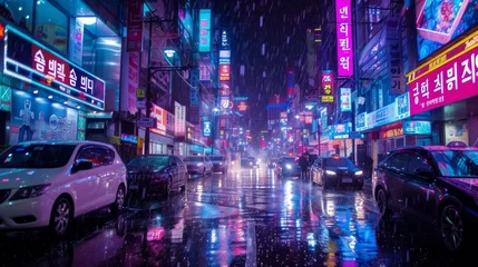 Muurstickers Engage in the futuristic ambiance of Seoul nights through a dynamic photograph that captures the bustling energy beneath a cascade of dazzling neon lights © Elvin
