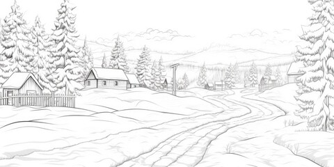 A drawing of a snowy landscape with a house and trees. Suitable for winter-themed designs