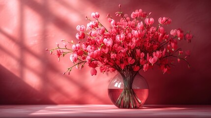  a vase filled with pink tulips on top of a table next to a pink wall and a shadow of a window on the side of a pink wall.