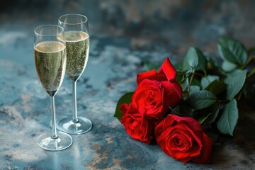 An elegant display of red roses in a crystal vase, bathed in ambient lighting. The velvety petals glisten, complemented by a glass of champagne with effervescent bubbles