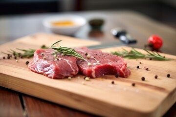 raw steak with rosemary and peppercorns on board - obrazy, fototapety, plakaty