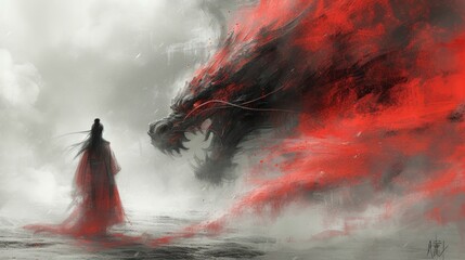 Dragon and samurai in front, japanese traditional fairytale
